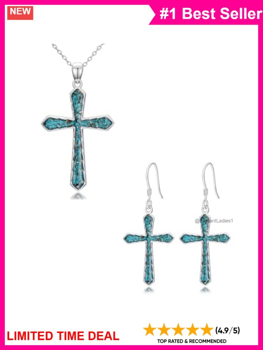 925 Sterling Silver Turquoise Cross Necklace Earrings Set Christian Jewelry Gift